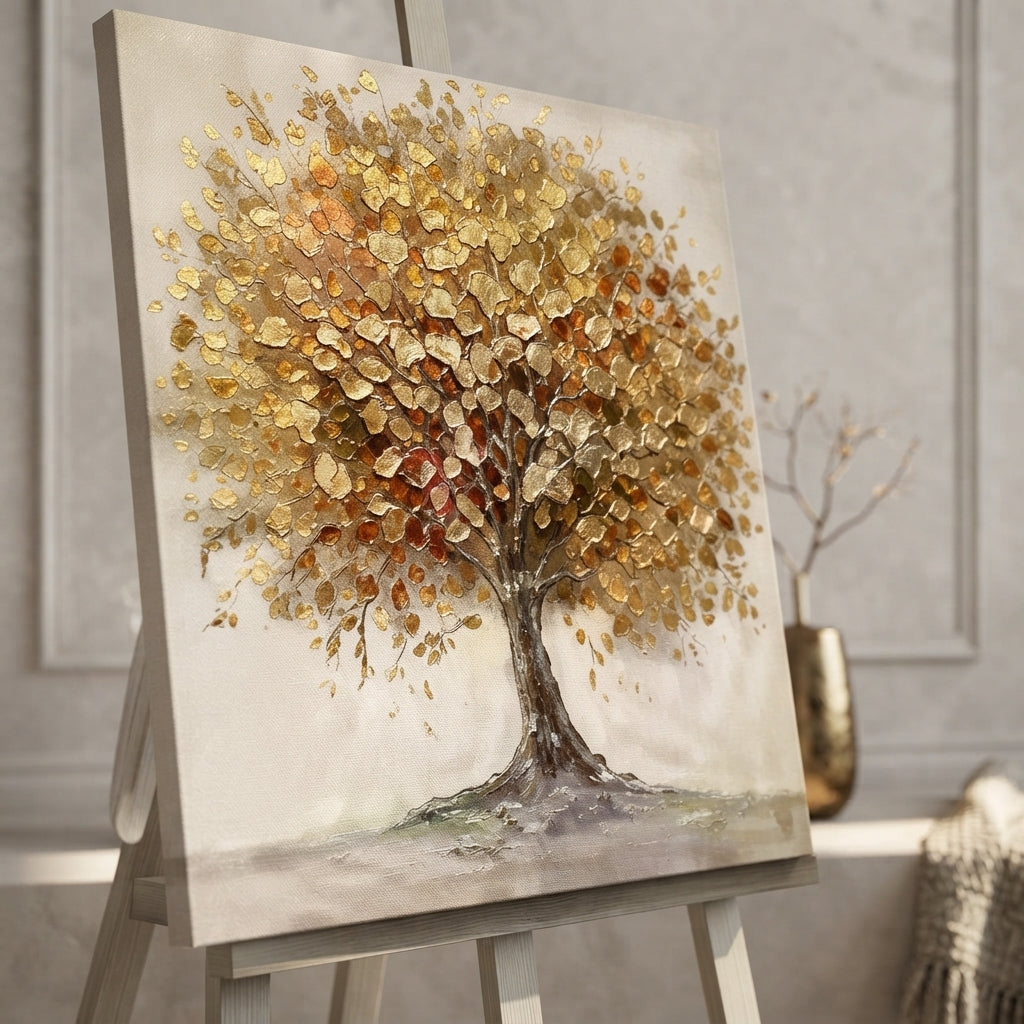 Gold Tree of Life Canvas Wall Art 80x80cm – textured impasto painting in gold and amber on cream background displayed on easel