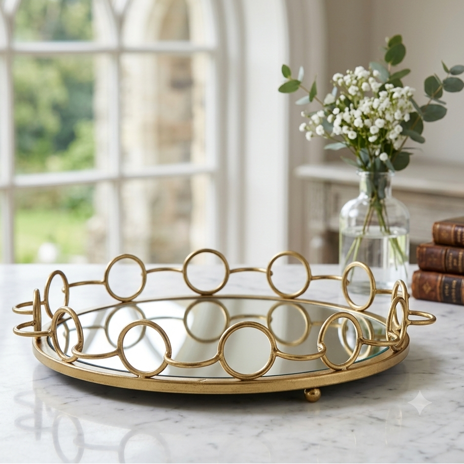 Close up of gold interlocking ring chain frame detail on mirror tray