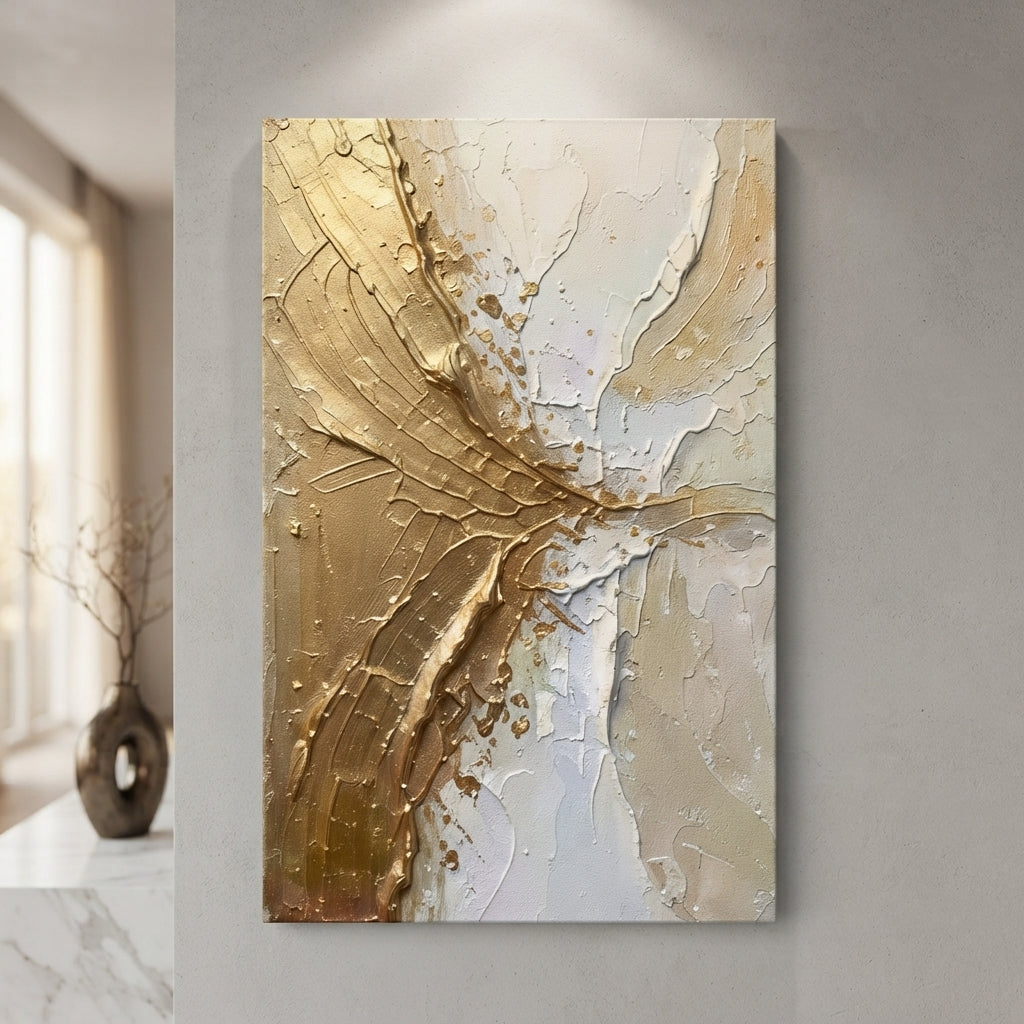 Gold and Sand Abstract Framed Canvas Wall Art 80x100cm – thick impasto gold and cream brushstrokes displayed in warm neutral hallway with spot lighting