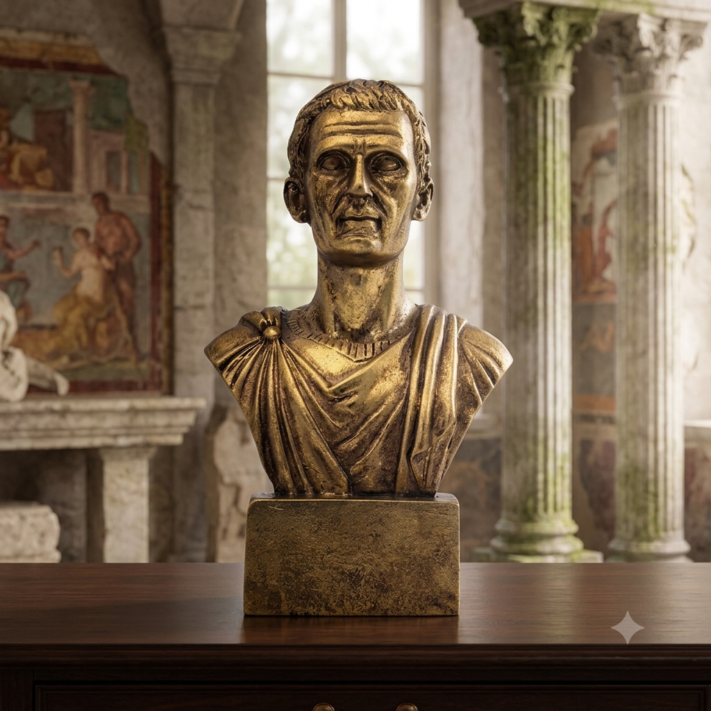 Roman emperor bust sculpture styled on dark wood console table in classical interior with columns and frescoes
