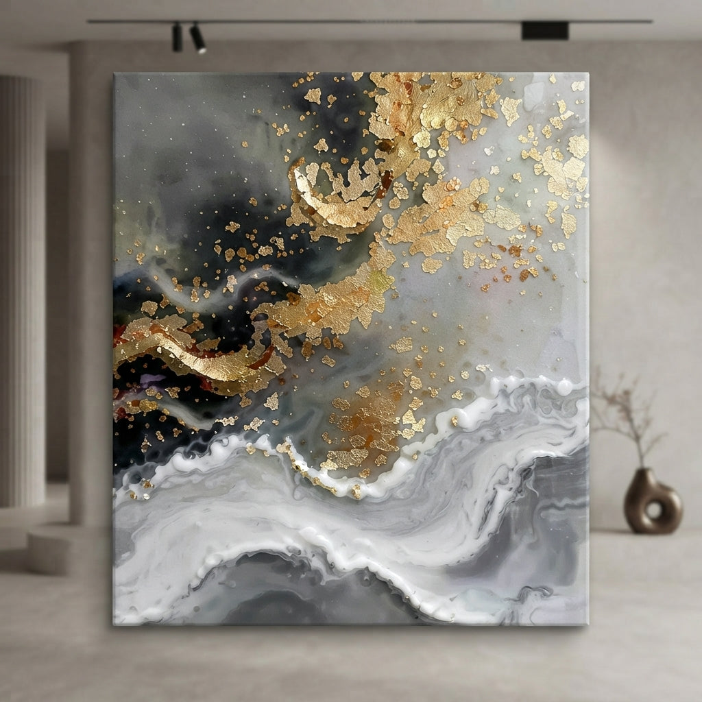 Black Gold and Marble Abstract Framed Canvas Wall Art 100x100cm – gold leaf flakes over charcoal and white marble swirls displayed in luxury hallway with pillars