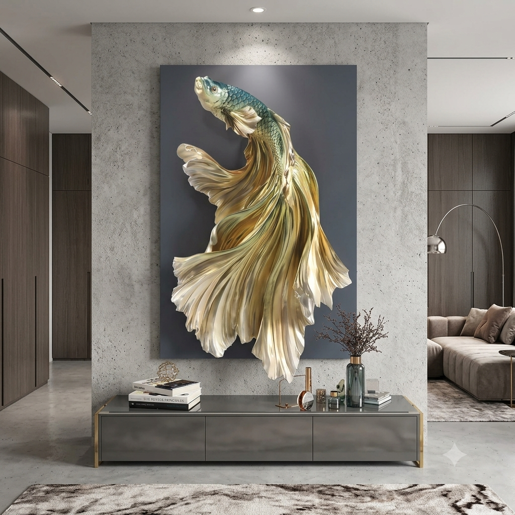 3D gold koi fish wall art 85x52cm styled on concrete feature wall in luxury modern living room above grey console table