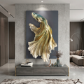 3D gold koi fish wall art 85x52cm styled on concrete feature wall in luxury modern living room above grey console table