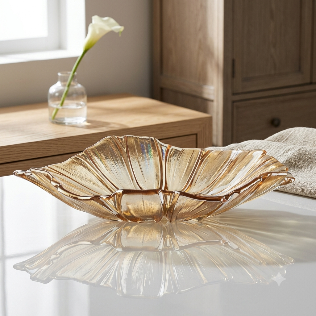 Amber glass flower petal fruit bowl styled on white surface with calla lily in background