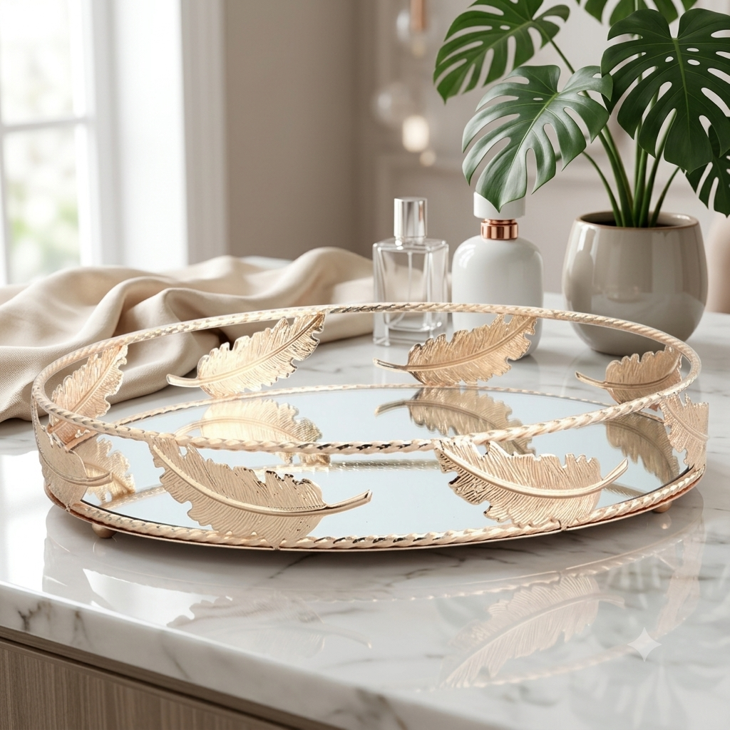 Gold feather leaf round mirror tray styled on marble dressing table with perfumes and plant
