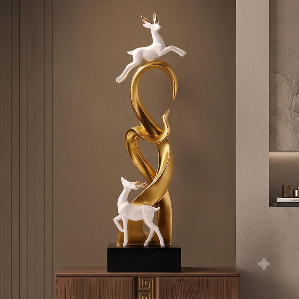 Gold Deer Tower Sculpture product shot on cabinet