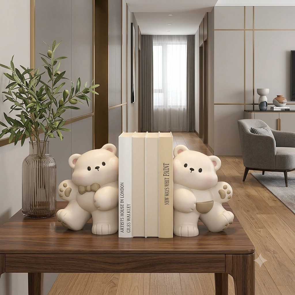 Cream teddy bear bookend set styled on dark wood console table in modern luxury hallway with olive branch vase