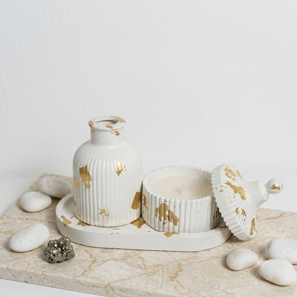 White & Gold Ceramic Vase and Heart Jar Tray Set