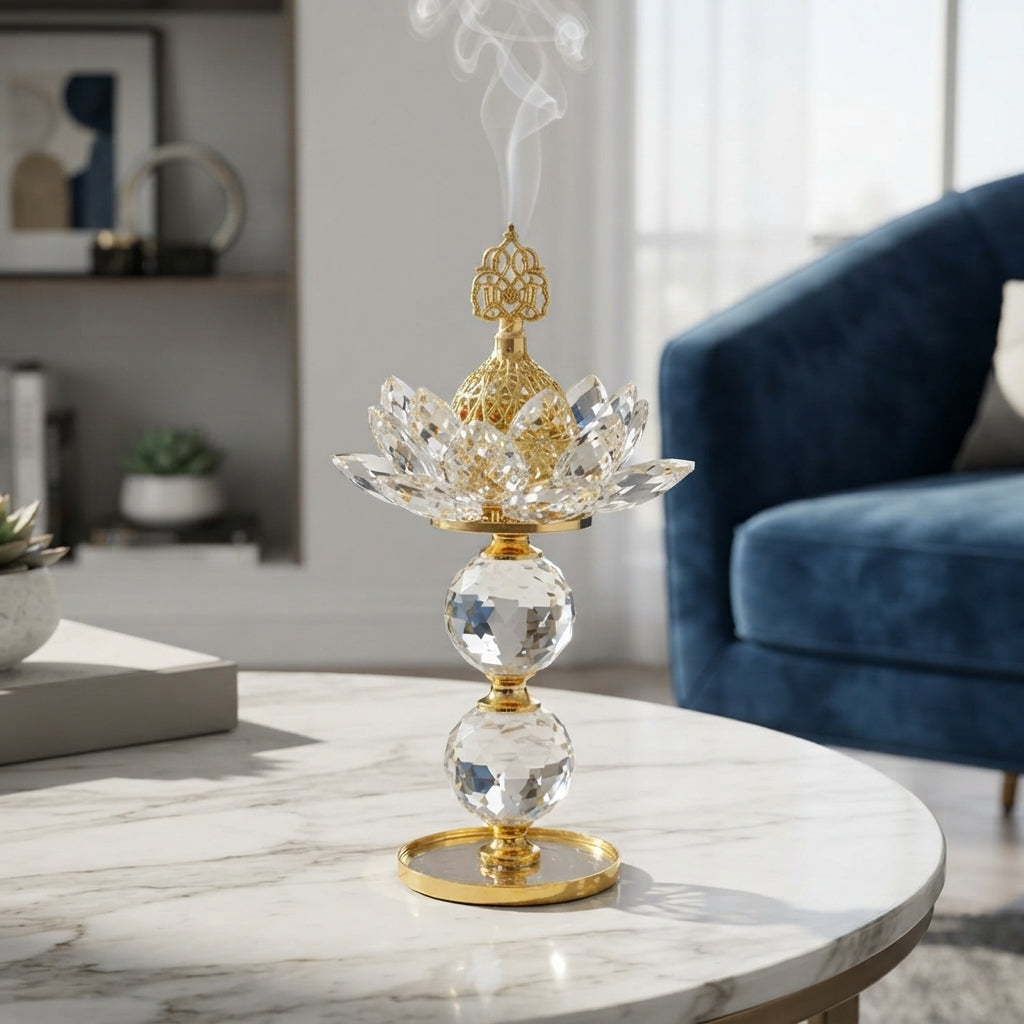 Gold Crystal-Style Lotus Incense Burner Home Fragrance