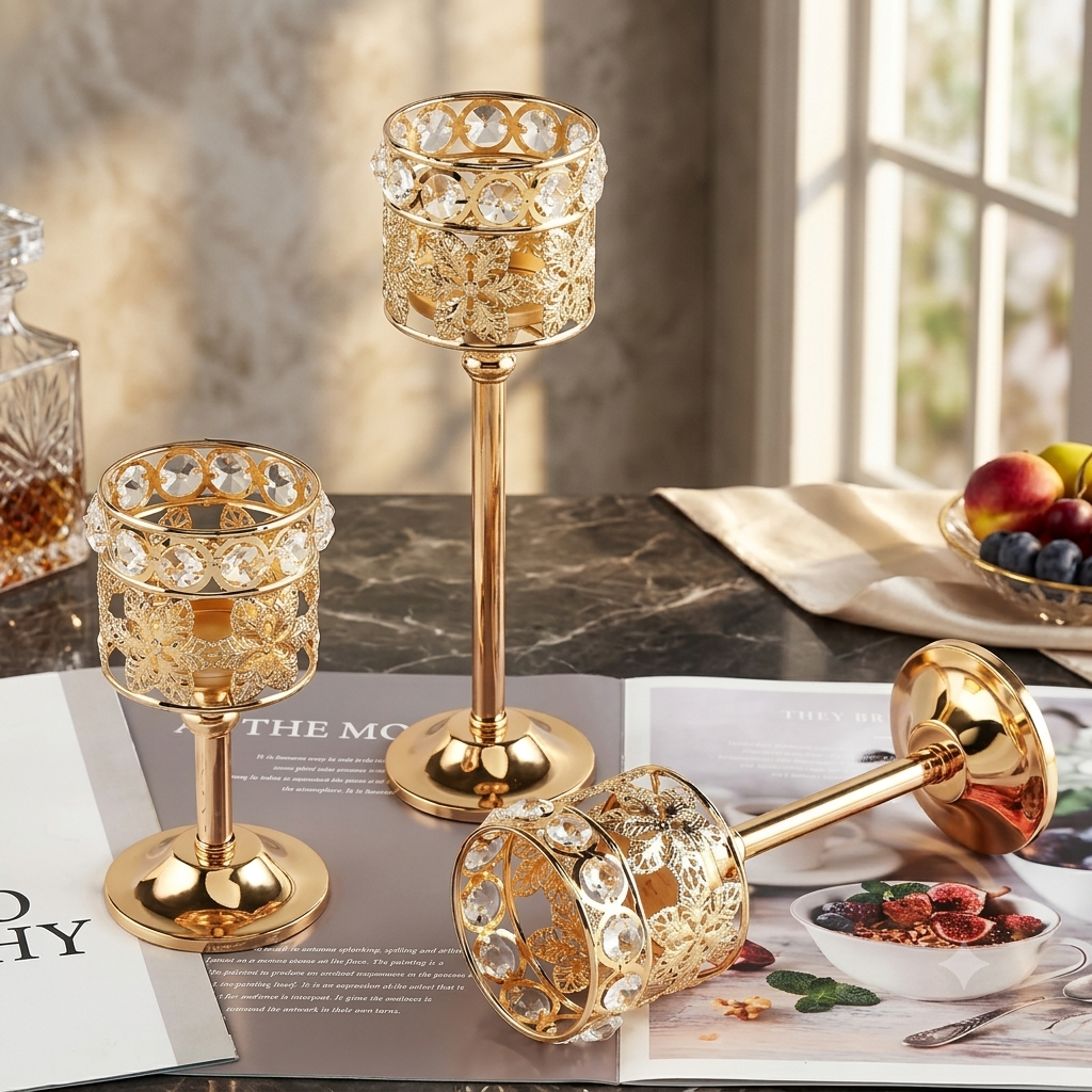 Golden Crystal Diamante Candle Holder