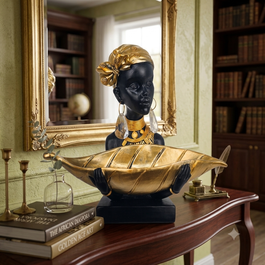 African Lady Bust Sculpture with Golden Leaf Tray Decorative Trinket Dish