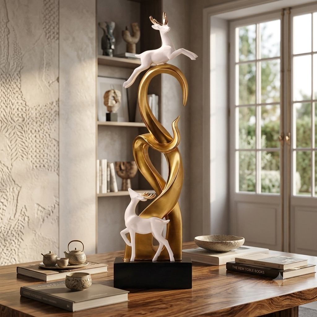 Gold Deer Tower Sculpture styled on dining table in living room