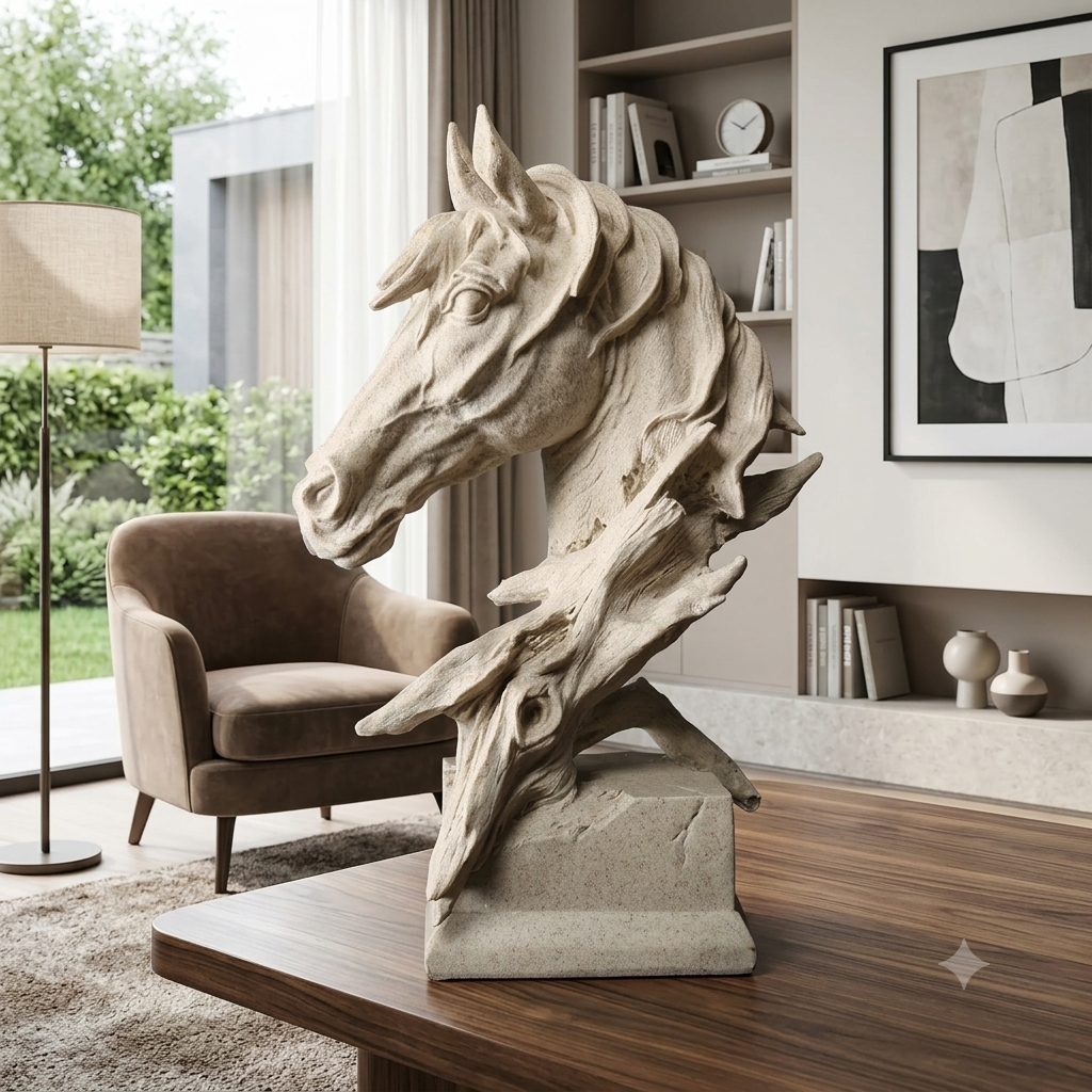 Stone white horse head bust sculpture styled on wooden coffee table in modern neutral living room