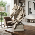 Stone white horse head bust sculpture styled on wooden coffee table in modern neutral living room