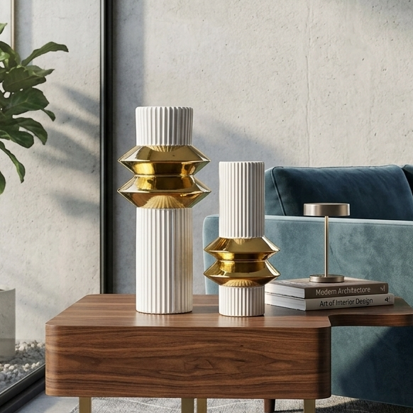 Ribbed white and gold vases styled in a modern living room setting
