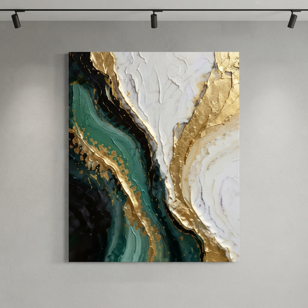 Emerald Green and Gold Abstract Framed Canvas Wall Art 80x100cm – fluid art with gold veining displayed on grey gallery wall with track lighting