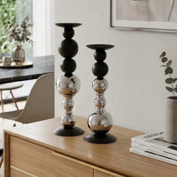 Metallic Ball Stack Candle Holder Black & Silver