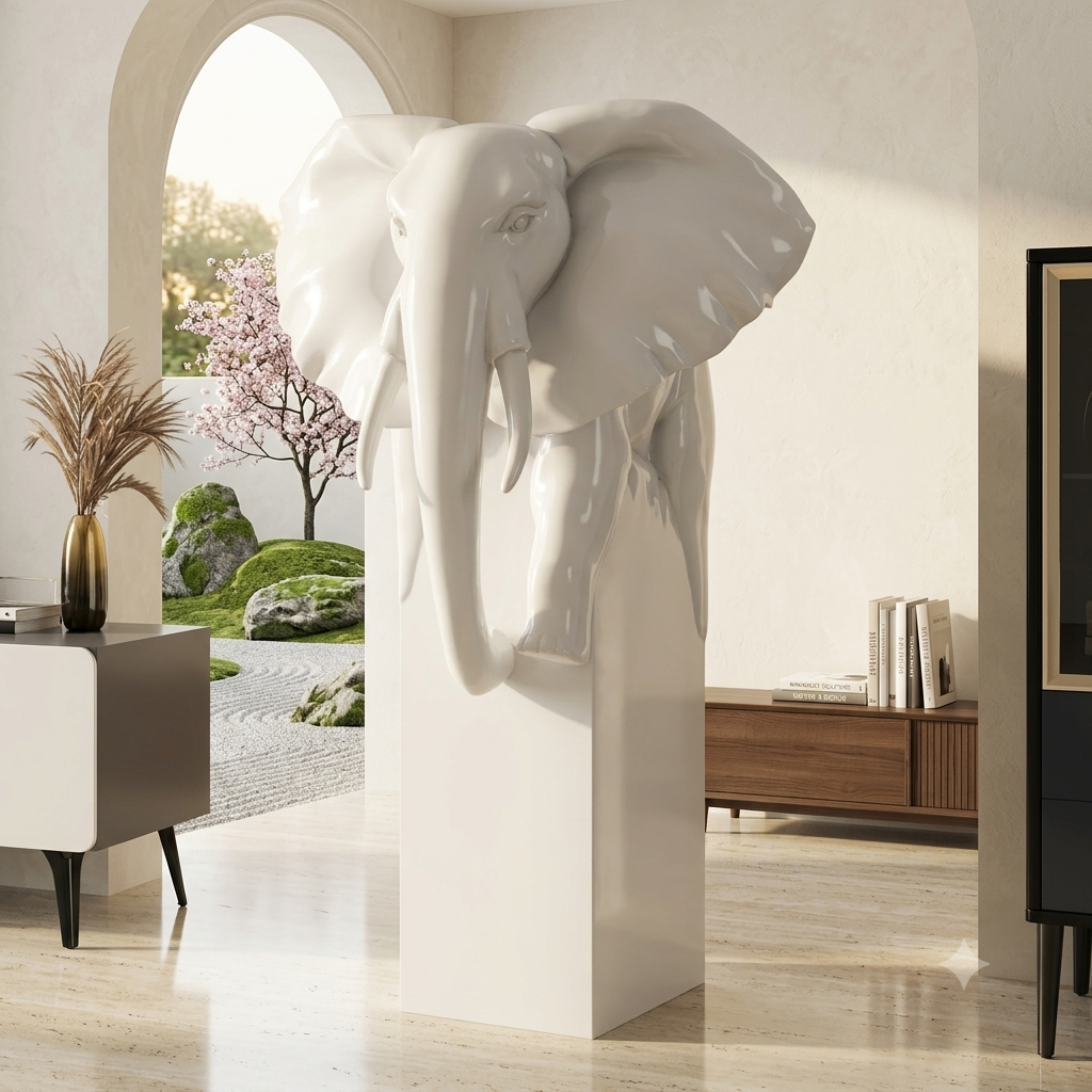 Large White Elephant Floor Sculpture on Pedestal