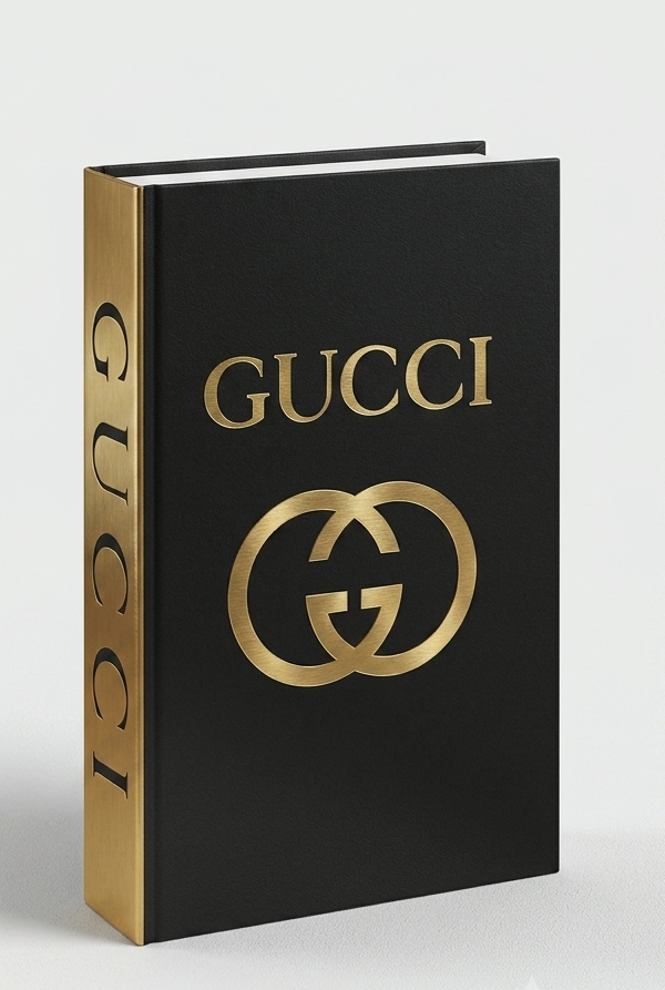Gucci decorative coffee table book matte black cover with gold embossed GG logo on white background