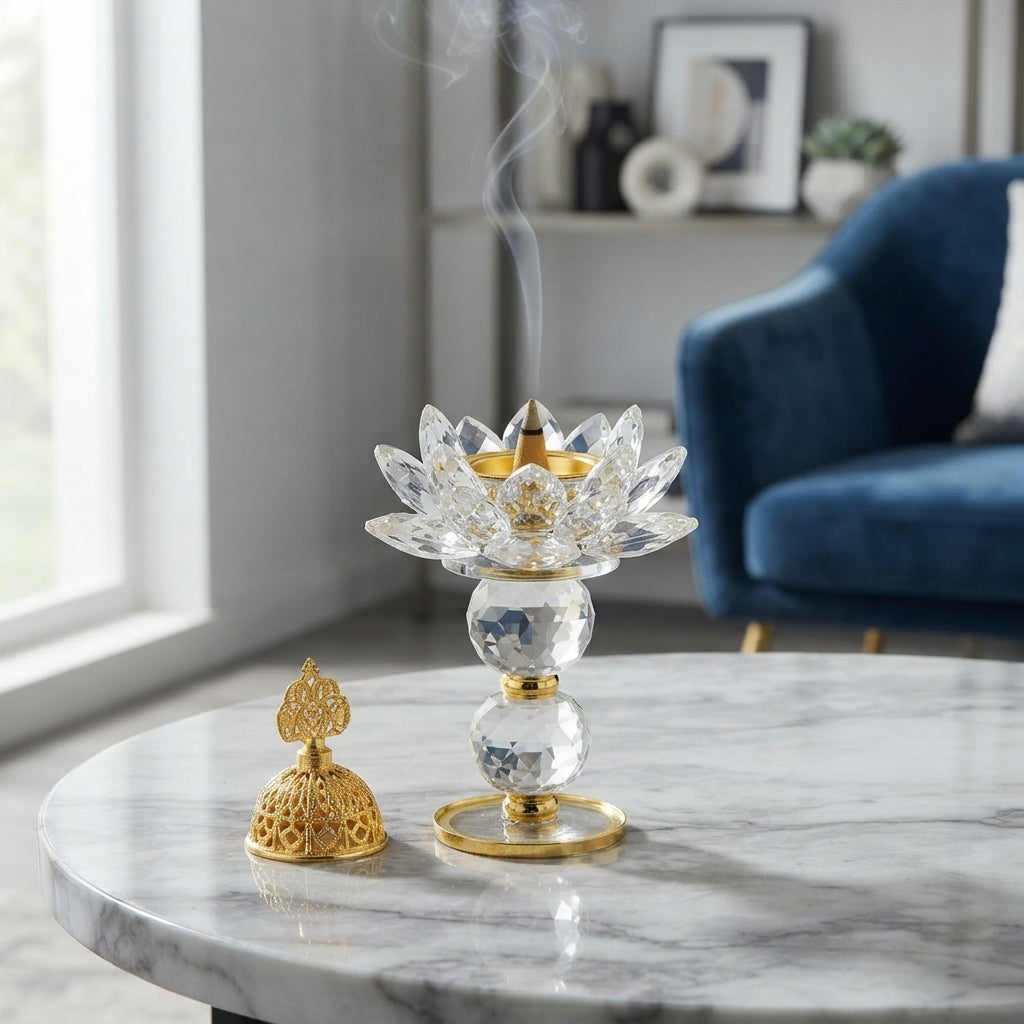 Gold Crystal-Style Lotus Incense Burner Home Fragrance