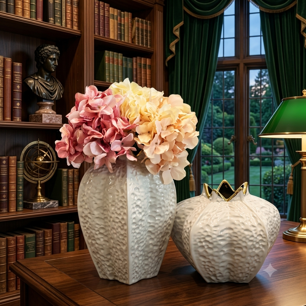 Pomegranate ceramic vase set of 2 in white and gold on glass coffee table with pink florals – dimensions shown