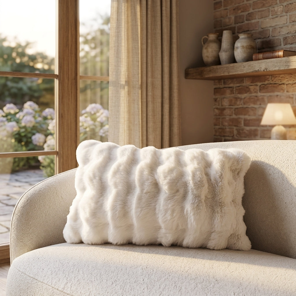 Plush rectangular cushion styled on a sofa in a warm living room