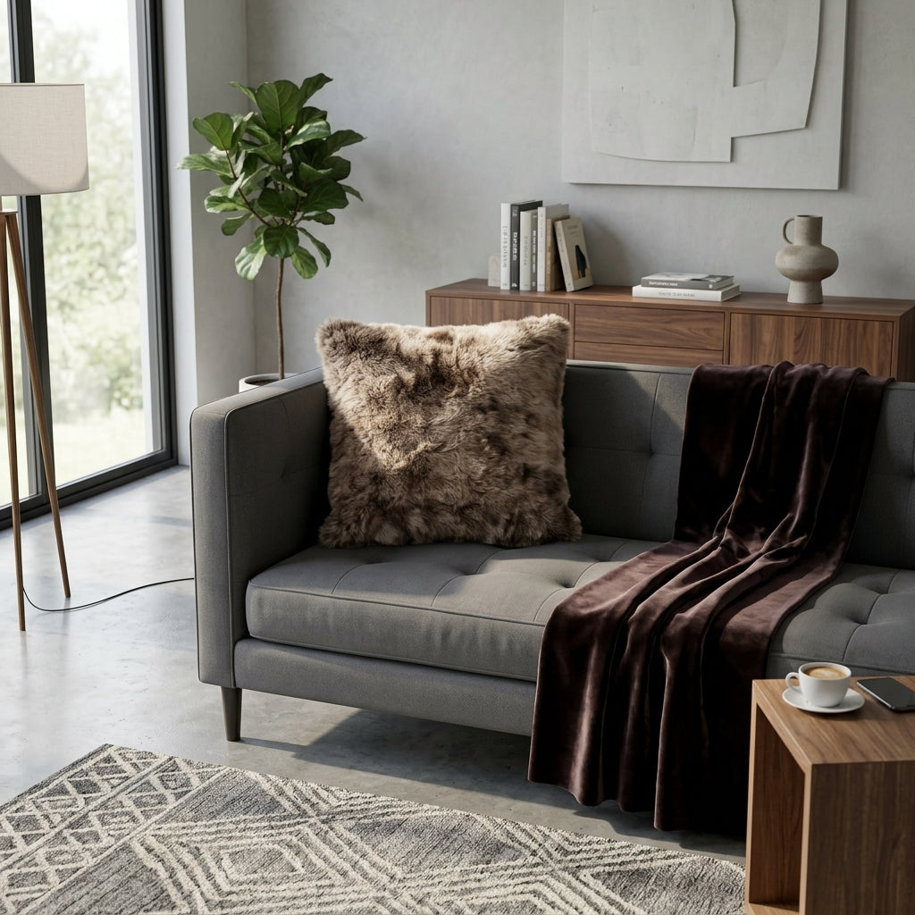 Brown and beige shaggy cushion styled on a grey sofa