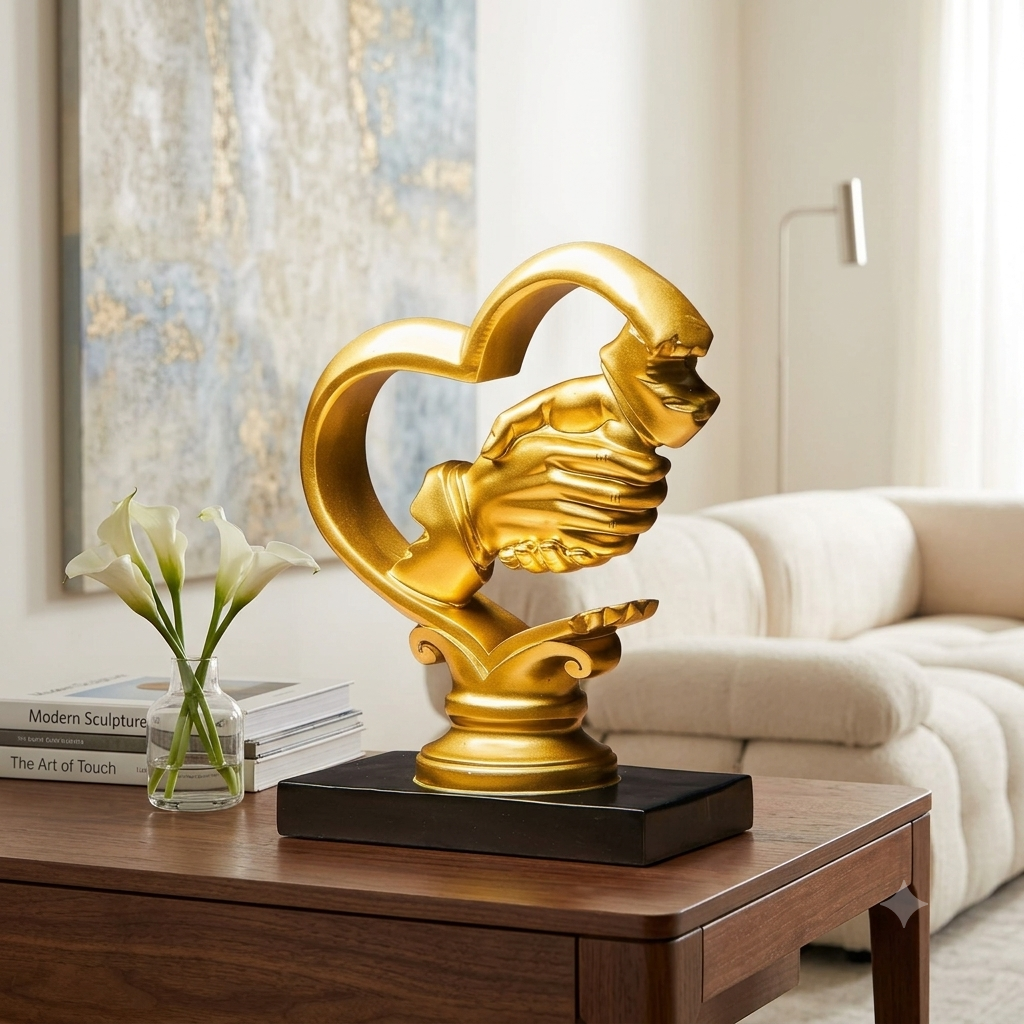 Holding Hands Heart Sculpture Golden Romantic Love Figurine