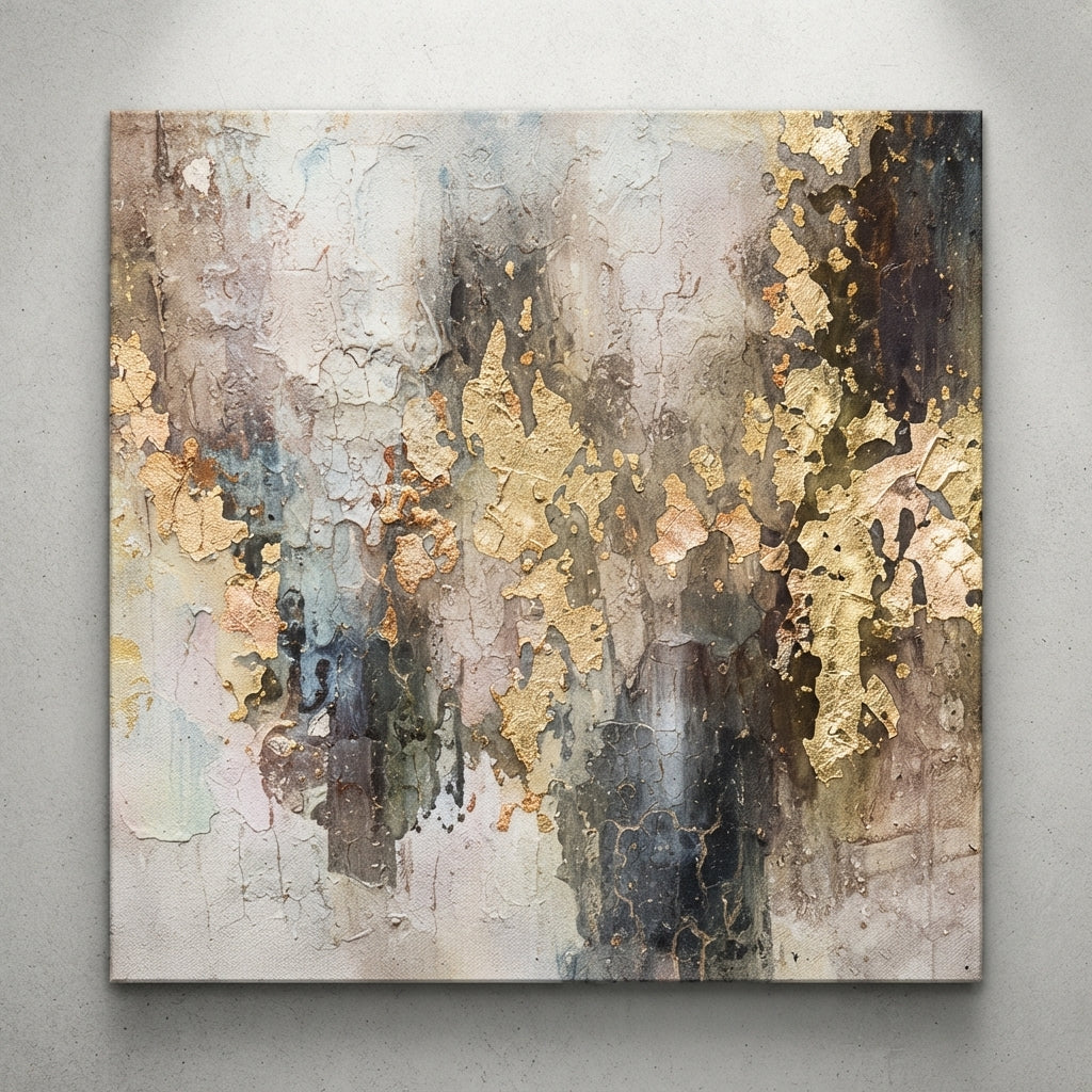 Gold and Champagne Abstract Canvas Wall Art 100x100cm – crackled gold leaf texture on grey and champagne background displayed on concrete wall