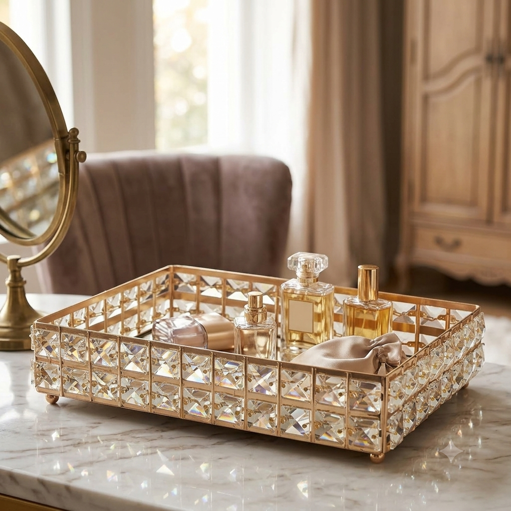 Gold crystal rectangular tray styled on marble dressing table with perfumes