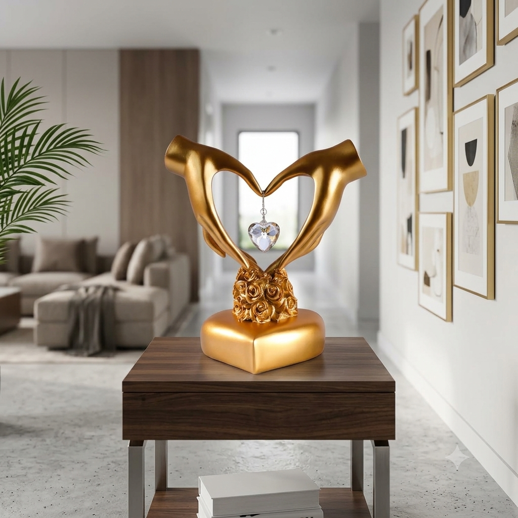 Gold two hands heart sculpture with crystal pendant styled on dark wood side table in luxury neutral living room