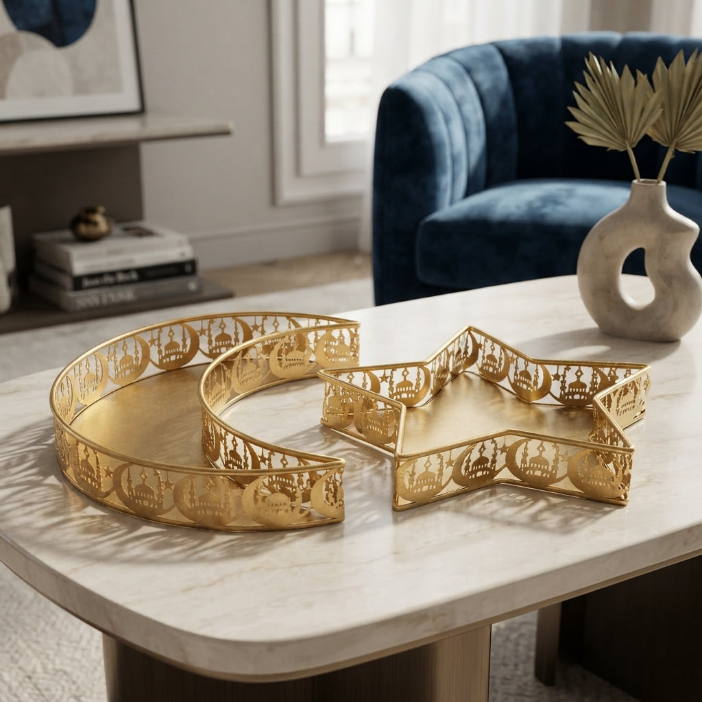 Gold star and crescent decorative tray set with measurements