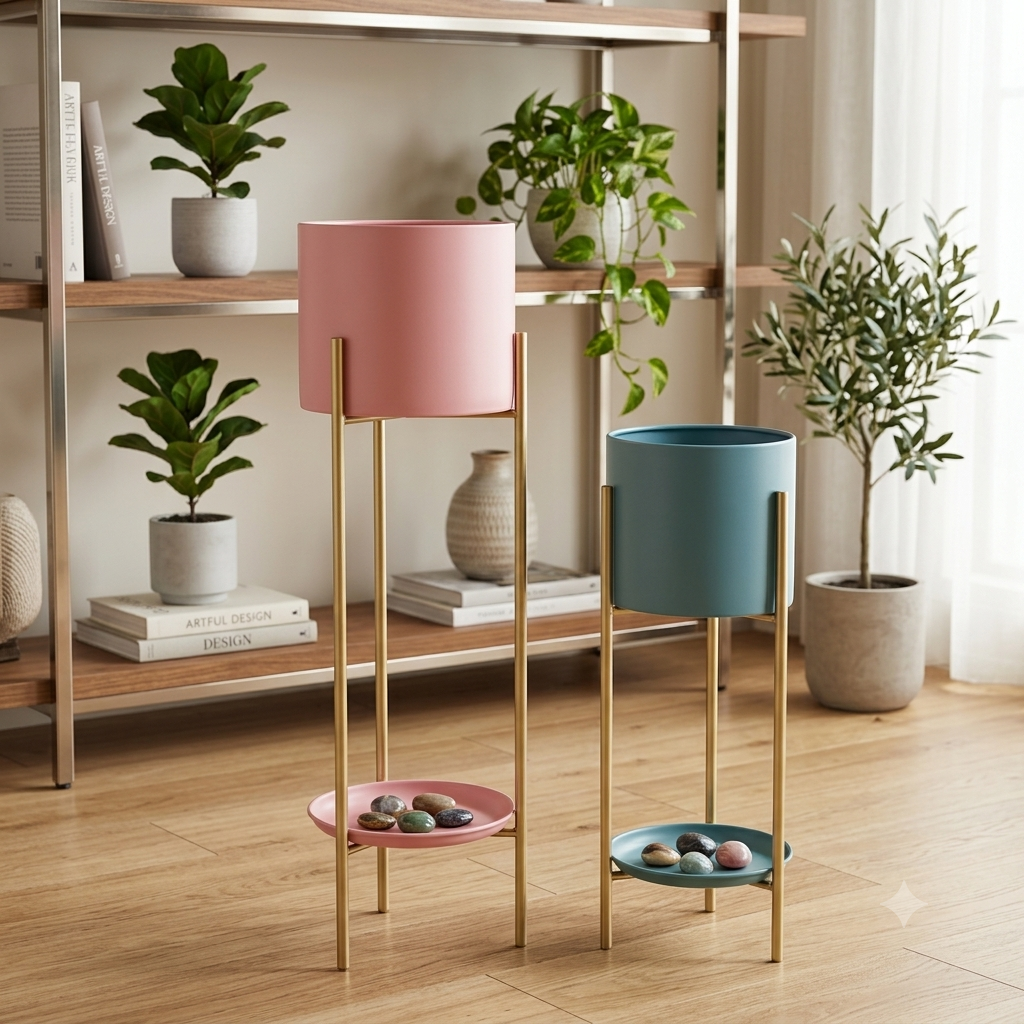 Mid-century metal plant stands in blush pink and teal with gold frames styled in a living room