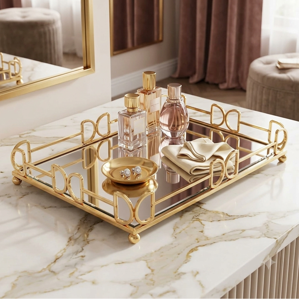 35cm Rectangular Golden Mirror Decorative Vanity Tray