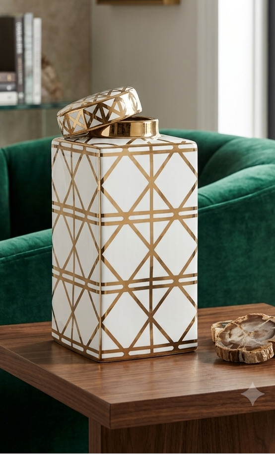Gold & White Large Ceramic Jar With Lid