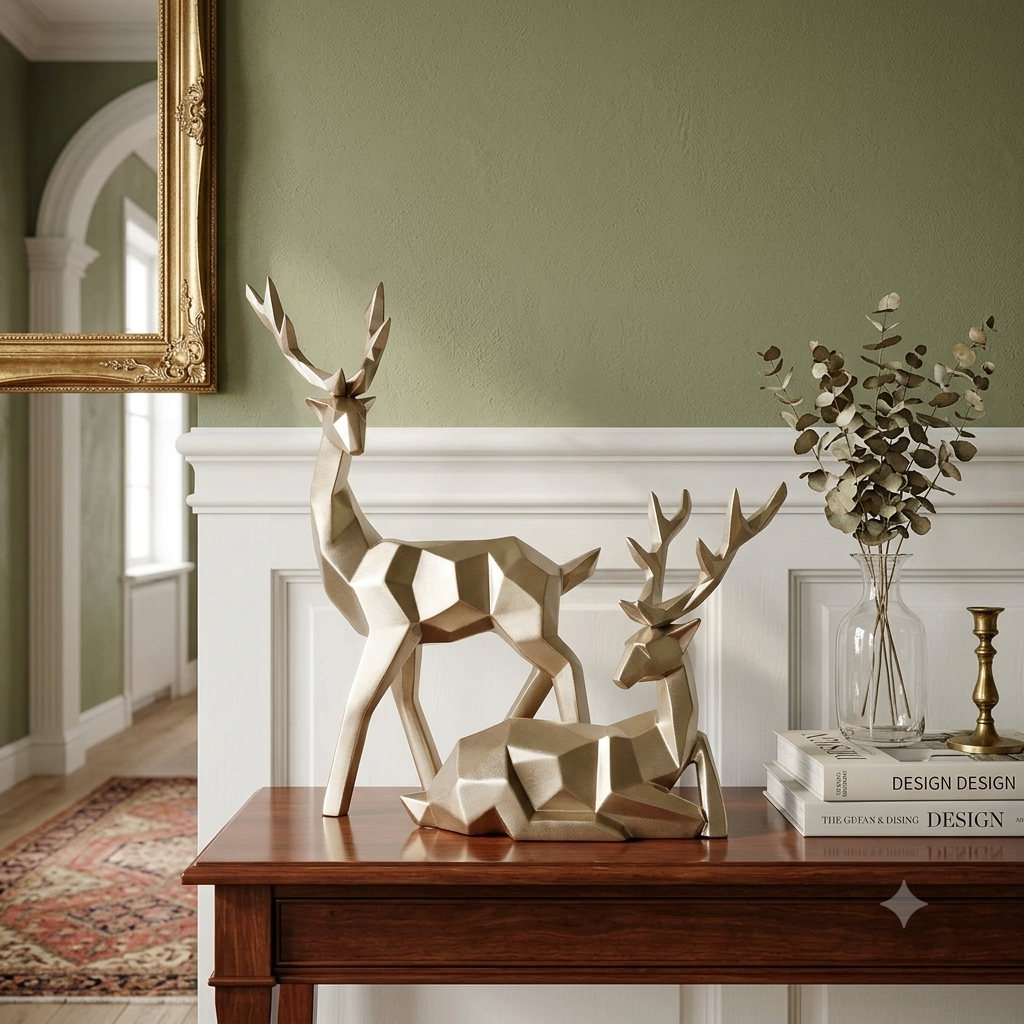 Geometric gold deer sculpture set of 2 styled on wooden console table in green hallway