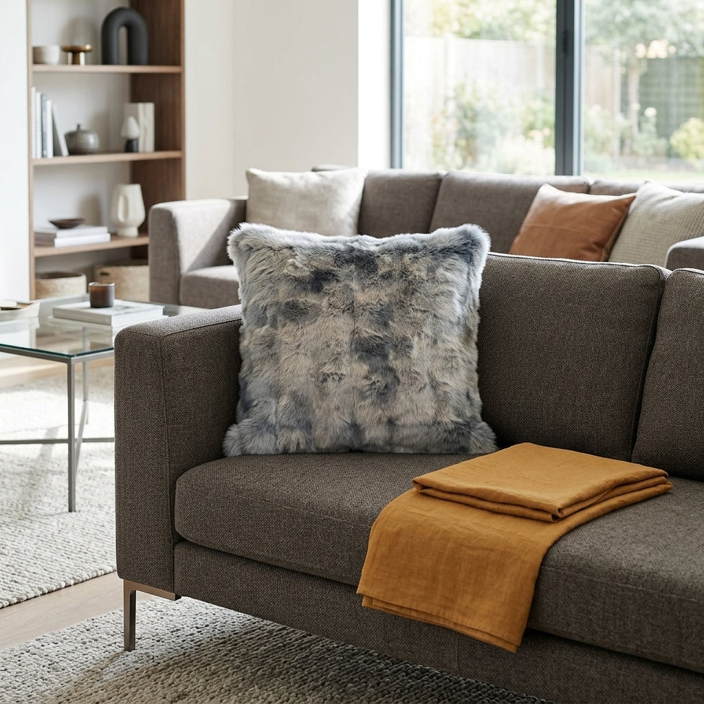 Blue grey mottled fur-effect cushion styled on a grey armchair