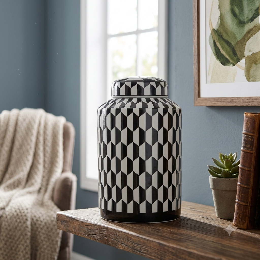 Geometric Monochrome Ceramic Black White Ginger Jar