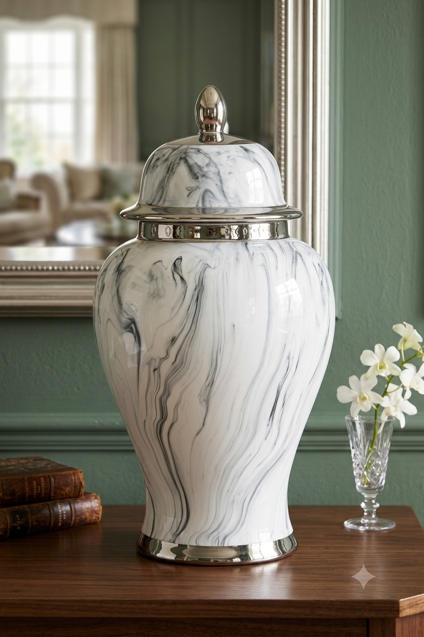 Large Marble Effect Pierced Ceramic Ginger Jar