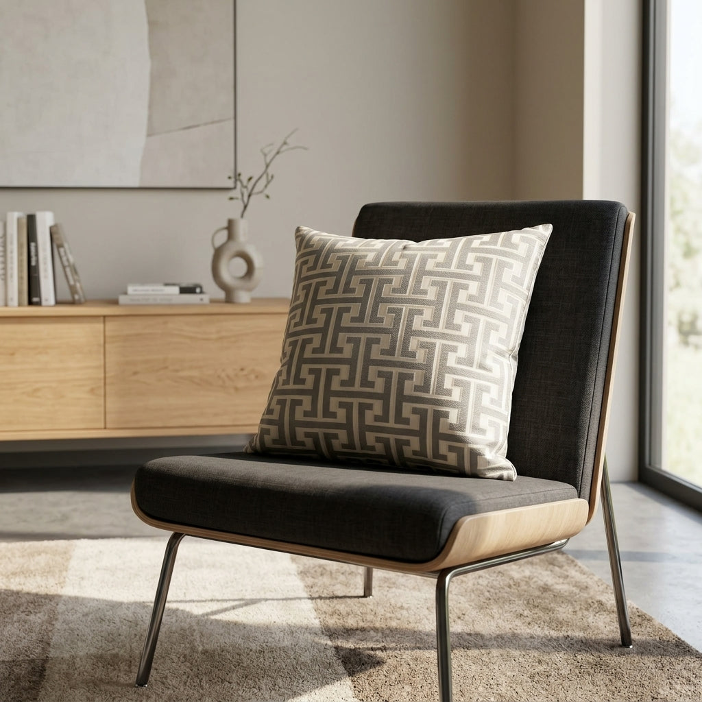 Maze grey and cream geometric cushion styled on a dark armchair