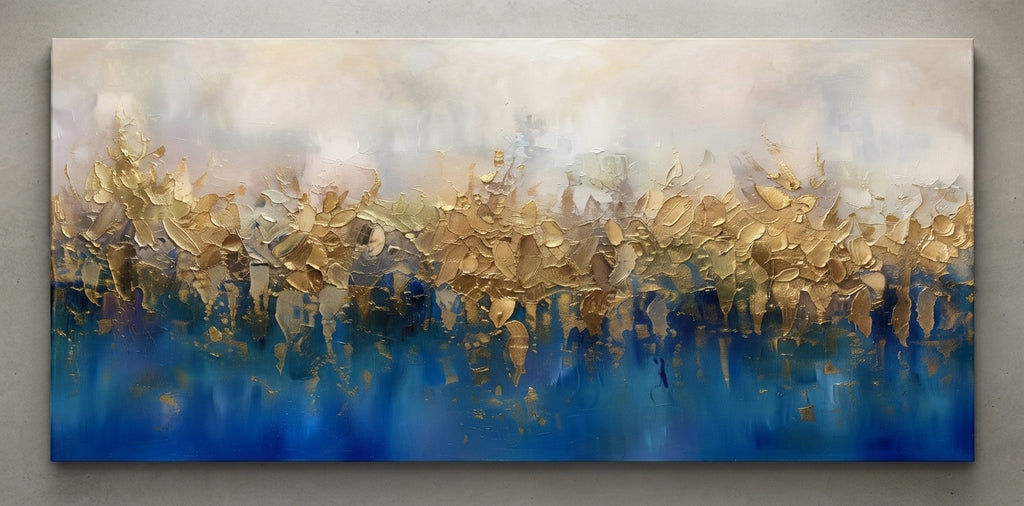 Blue and Gold Abstract Canvas Wall Art 140x70cm – impasto palette knife painting on grey wall