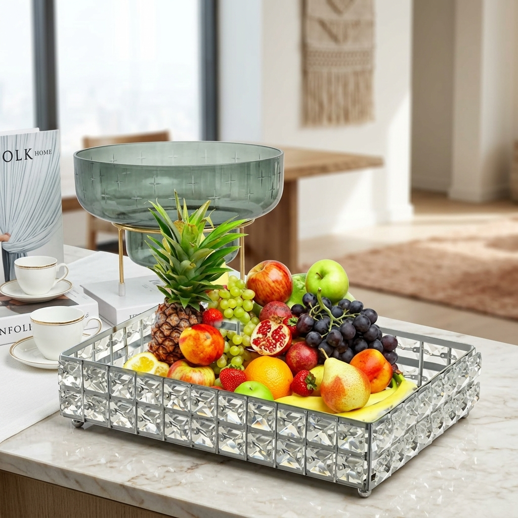 Silver crystal rectangular tray styled on kitchen island with fresh fruit