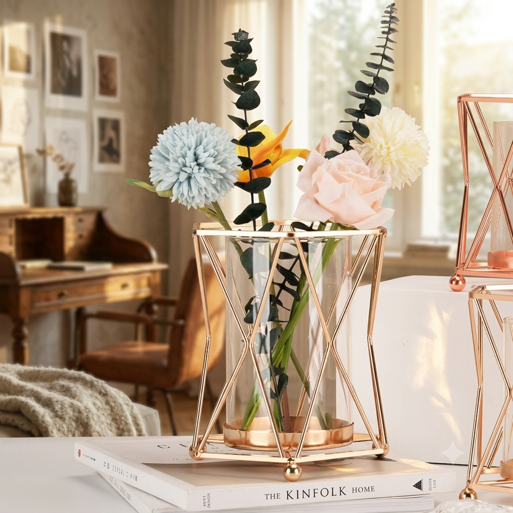 Rose gold geometric wire vase bottom detail on beige background