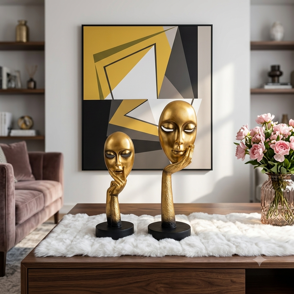 Gold abstract face sculpture set of 2 styled on wooden coffee table in luxury living room with geometric wall art