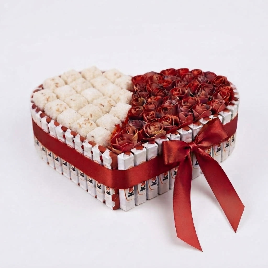 A heart-shaped gift box made from wrapped chocolate bars, with one half filled with white marshmallow candies and the other half filled with red artificial roses. The box is wrapped in a red ribbon with a bow, set against a plain white background.