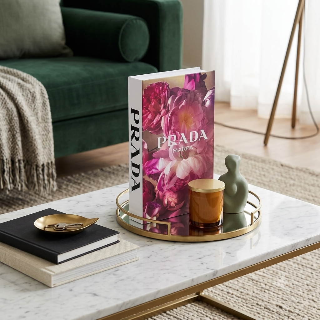 Prada Marfa decorative coffee table book pink peony cover standing on gold tray with candle and sculpture on marble coffee table