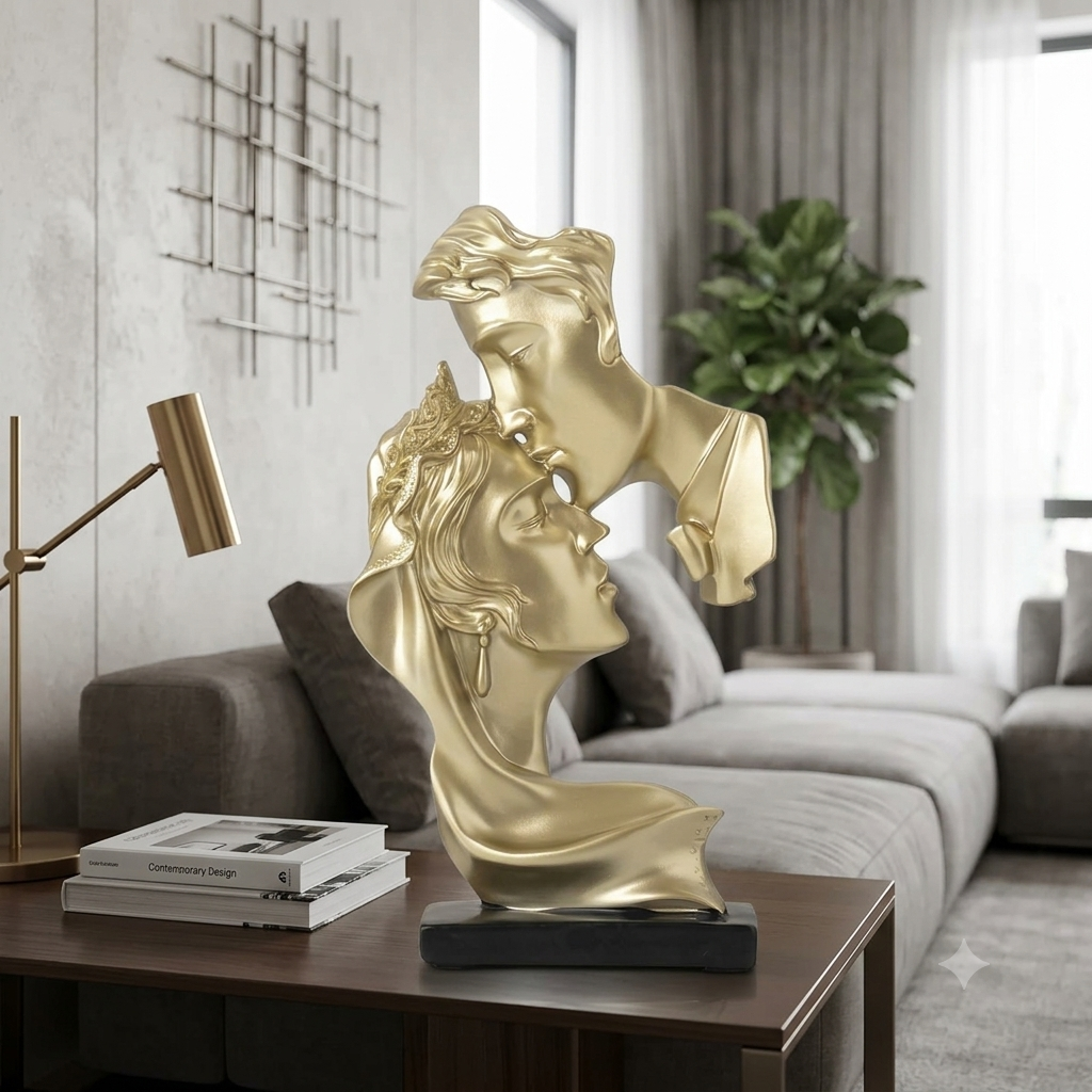Gold kissing couple forehead sculpture styled on wooden coffee table in luxury neutral living room