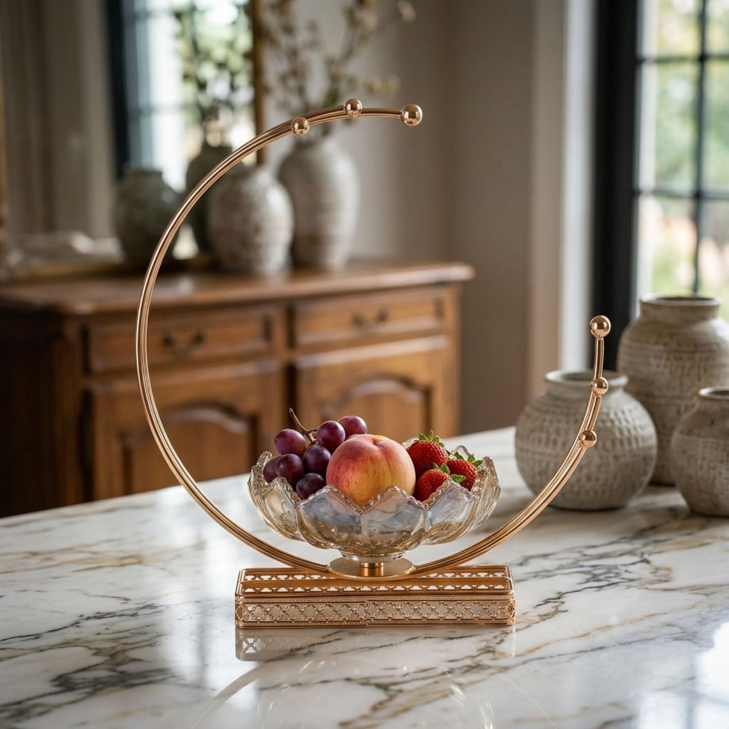 A decorative gold-toned metal fruit stand with a bowl of fruit on a marble countertop in a kitchen setting.