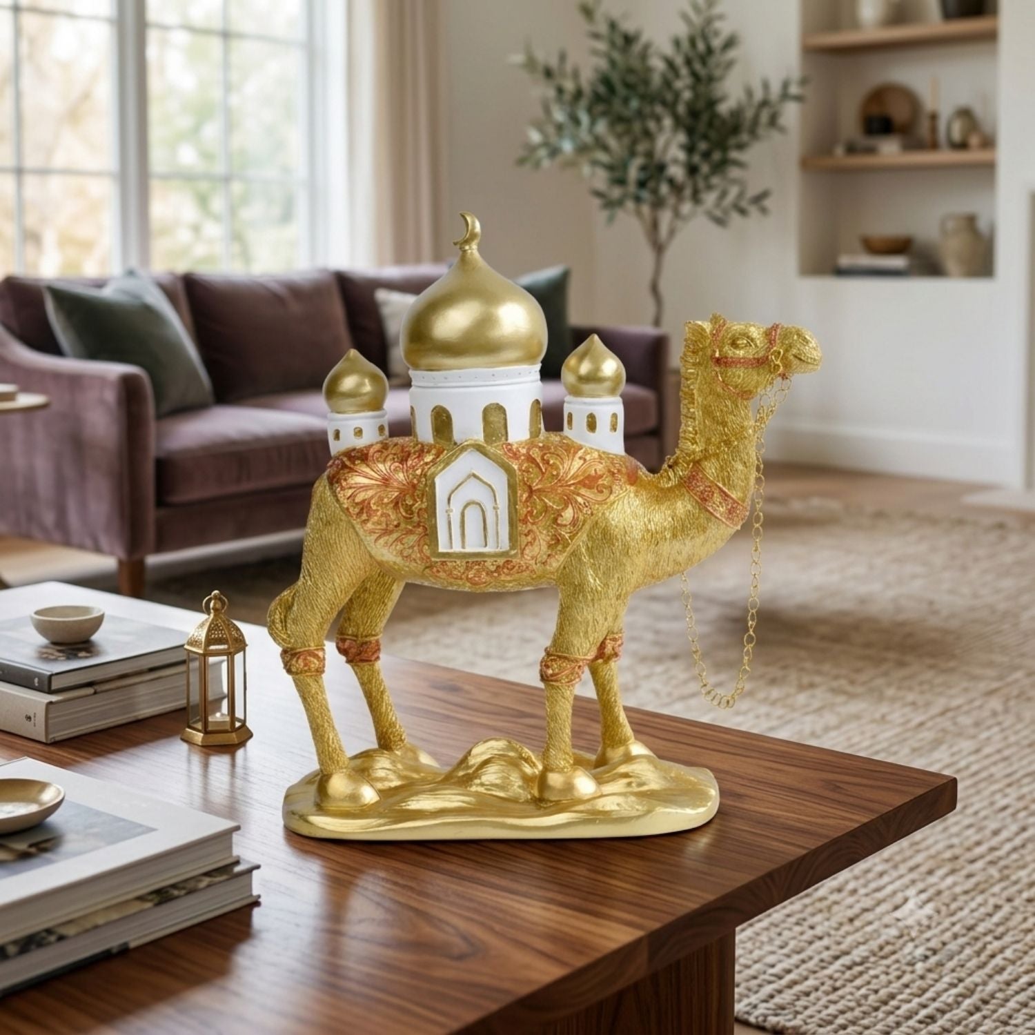 Golden Camel With Mosque Sculpture Arabian Home Décor