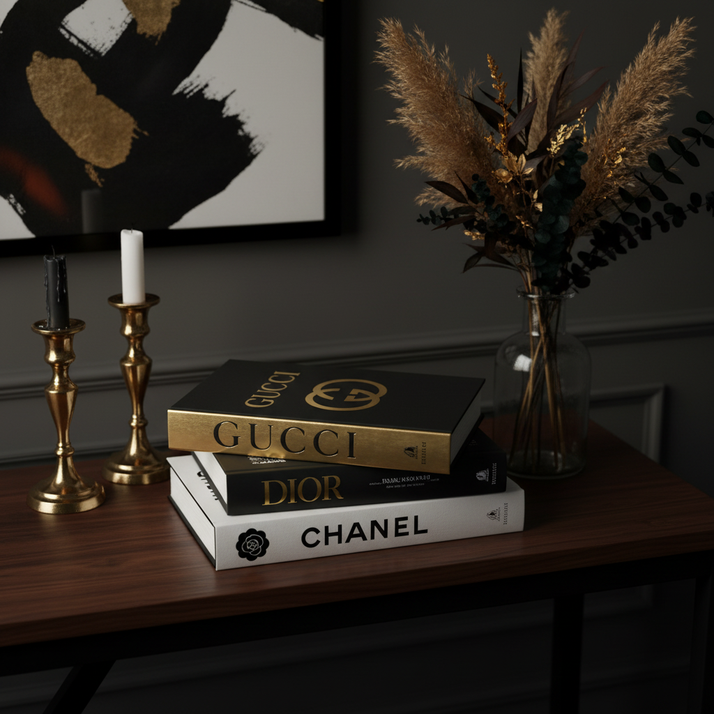 Gucci black and gold coffee table book stacked with luxury fashion books on dark walnut console with gold candle holders and botanicals